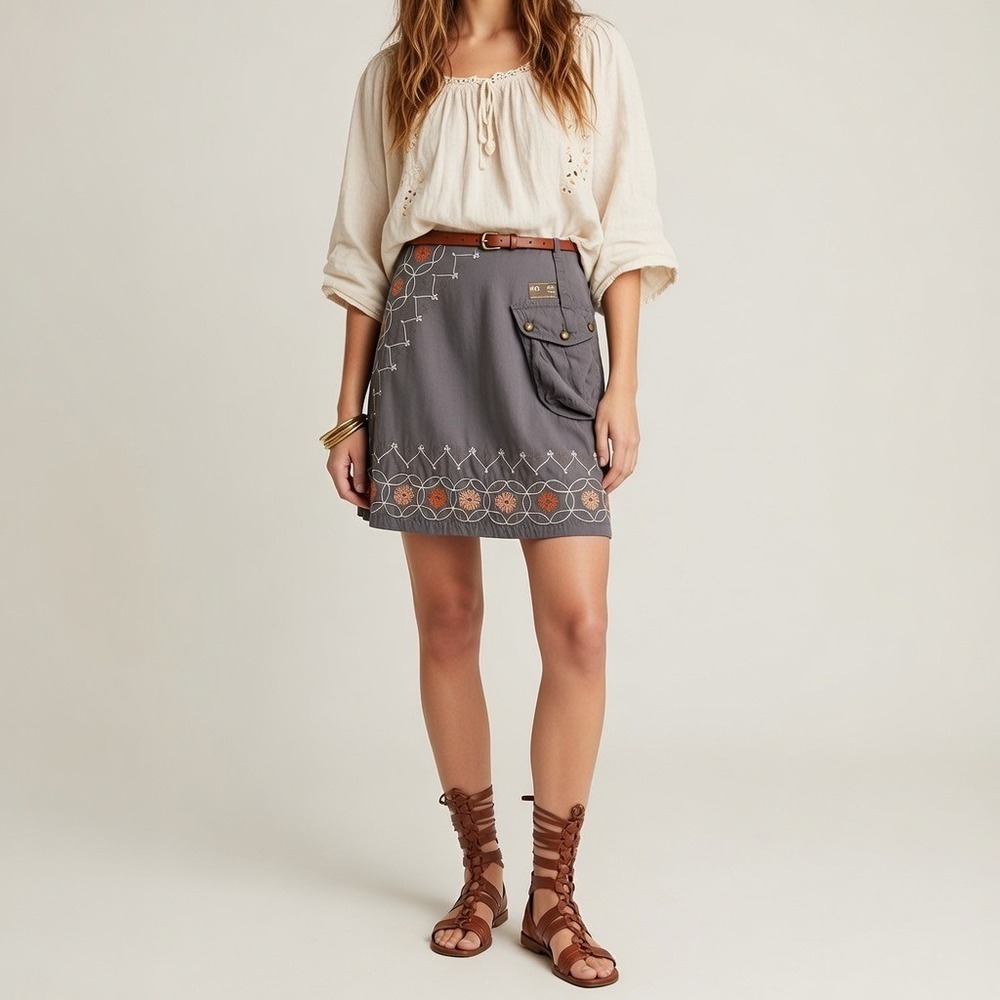 Diesel Vintage Y2K Grey Embroidered Floral 90s Utility Cargo Mini Skirt Size 28